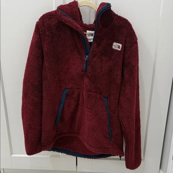 North Face Pullover Hoodie Mens LARGE Red/Maroon Sherpa Fleece Hooded Jacket L - Picture 1 of 3
